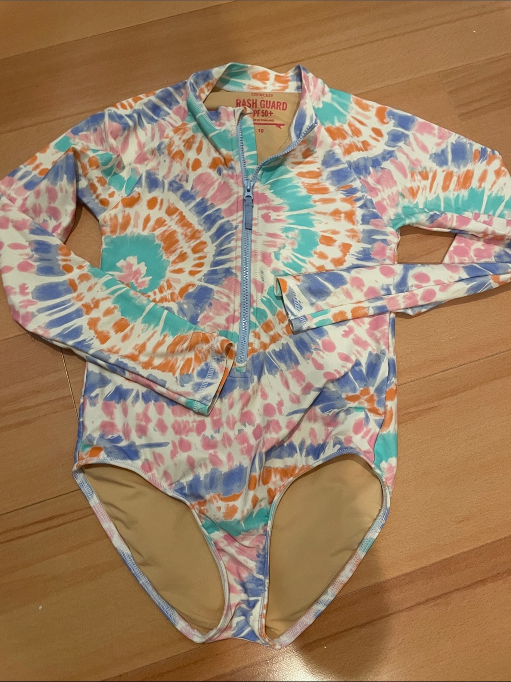 Girls Tie-Dye Long Sleeve Rash Guard One-Piece Swimsuit - Teal, Orange, Purple